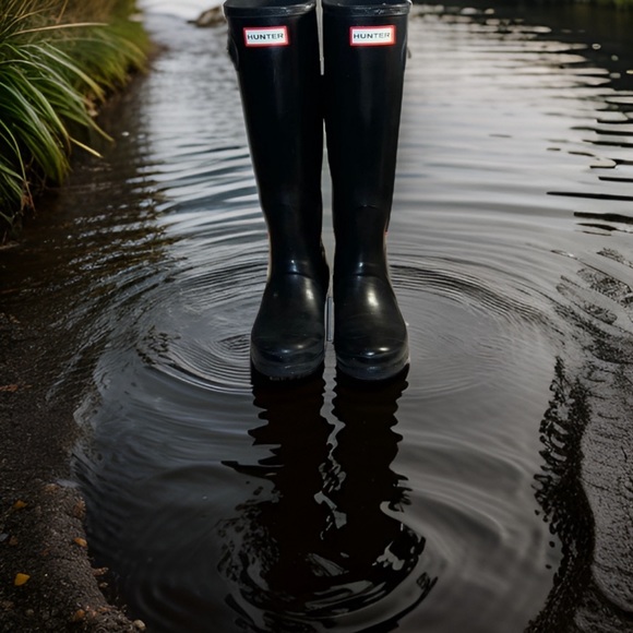 HUNTER WMNS ORG TALL GLOSS BLACK RAIN BOOTS/WELLIES - Picture 1 of 16